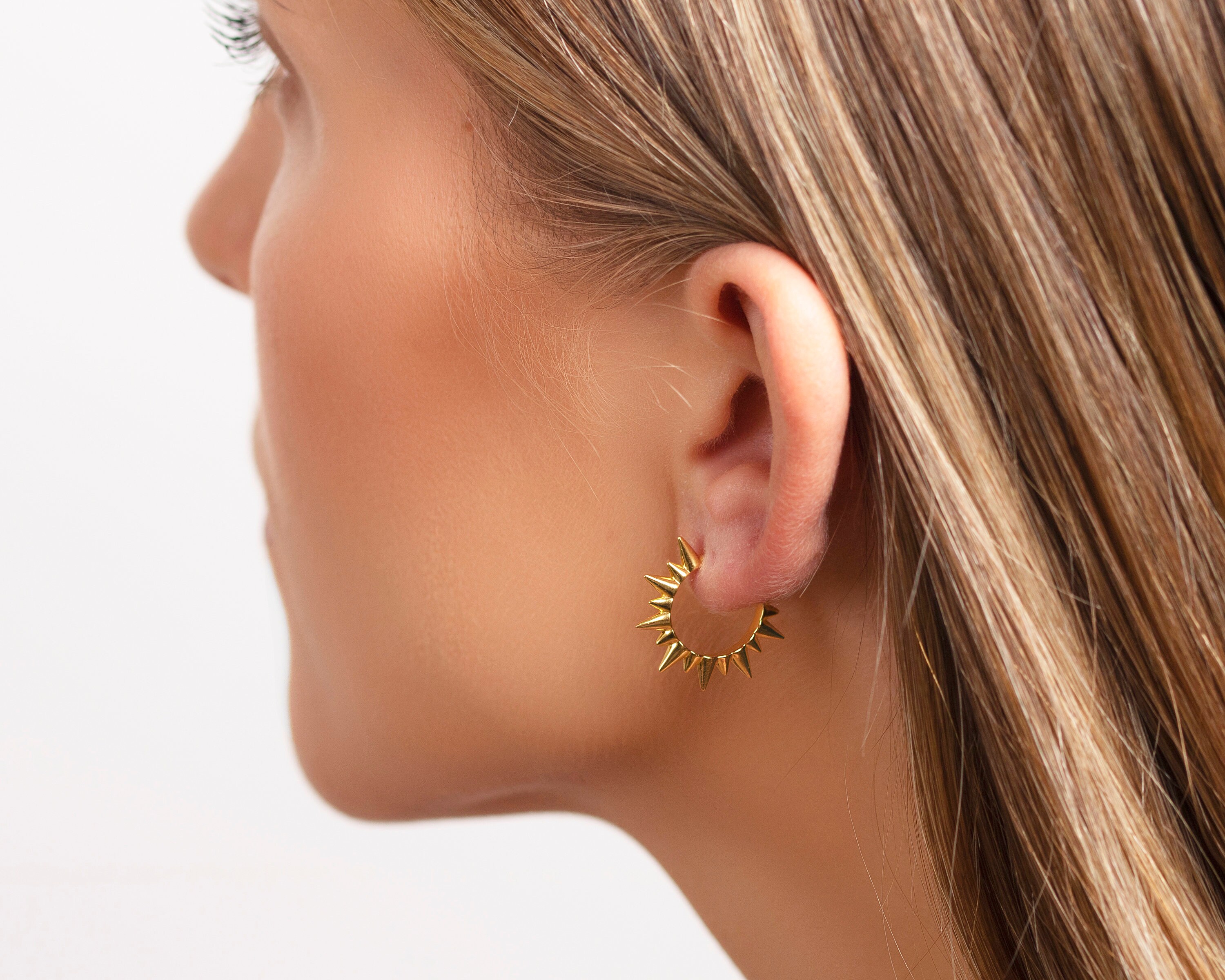 Orecchini A Cerchio Sole Vintage Oro - Modello Aperto A C Con Raggi E Punte - Gioielli Statement Boho Per Donna