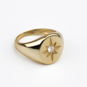 Signet ring, Star signet ring, Cz North Star gold ring, Minimalist signet gold 18k, Polaris ring, Dainty signet ring, Dainty gold ring image 4