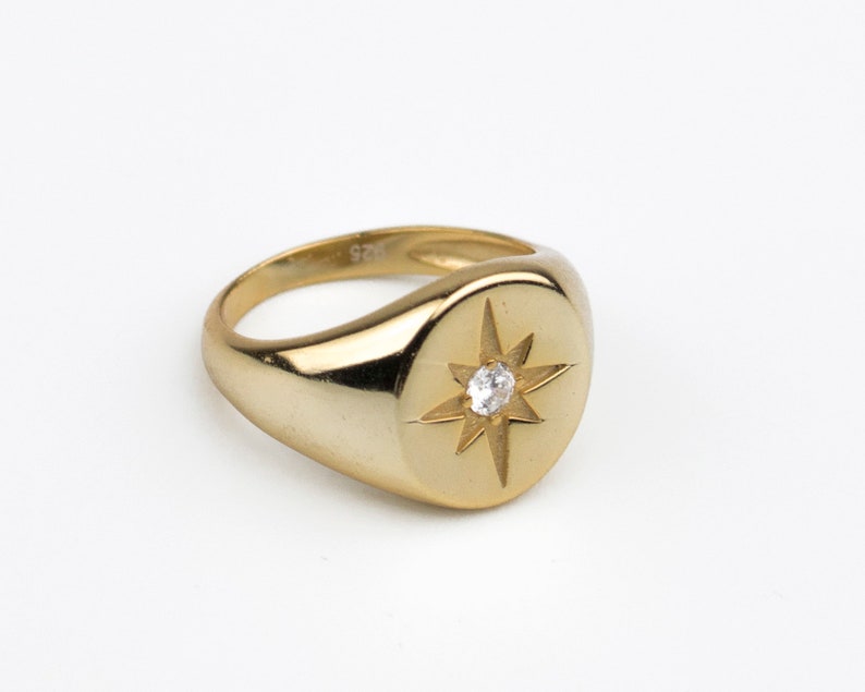 Signet ring, Star signet ring, Cz North Star gold ring, Minimalist signet gold 18k, Polaris ring, Dainty signet ring, Dainty gold ring image 4