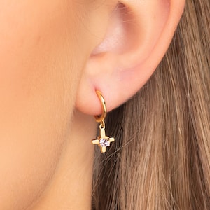 Hugging Hoop Earrings with Dangling Cross Charm and Cz - Sterling Silver - 18k Gold