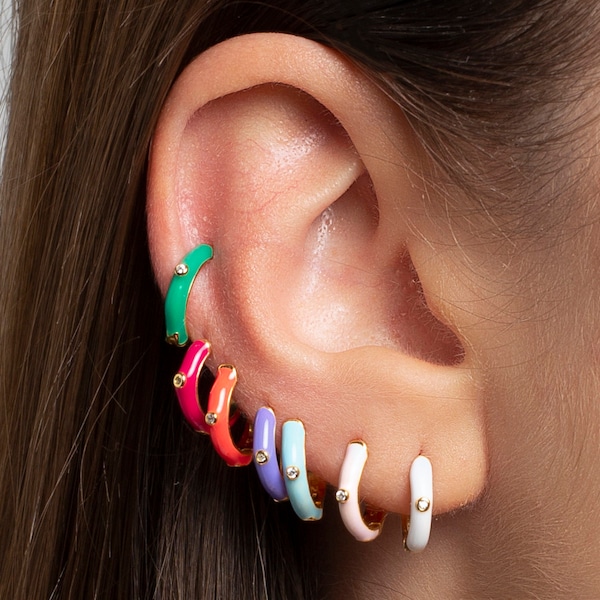 Enamel huggie hoop earrings, Multicolor Tiny hoops, Dainty hoops, Enamel earrings, Huggies, Cz hoops, Rainbow hoops, Cz earrings, Tiny hoops