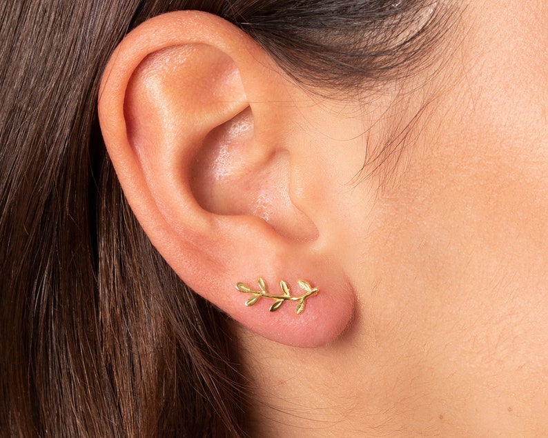 Gold Leaves Ear Climber 925 Sterling silver Leaf ear crawler earrings Olive branch earrings Minimalist leaf earrings image 1