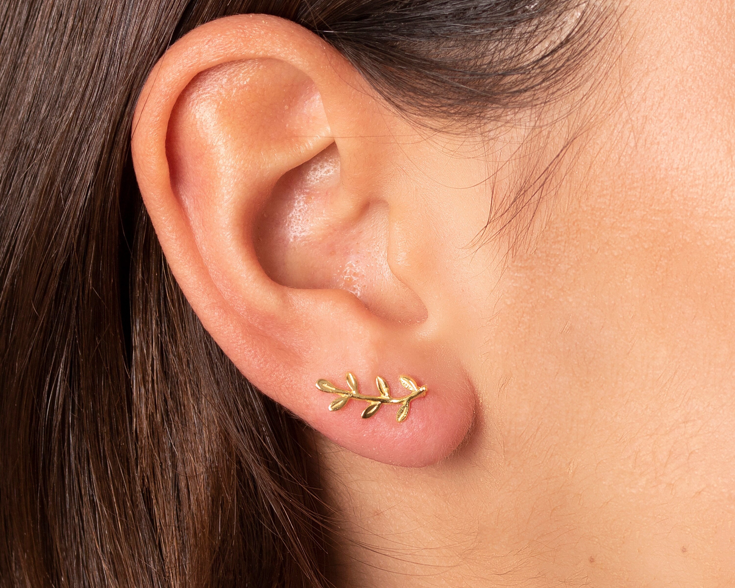 Gold Leaves Ear Climber 925 Sterling Silver Leaf Ear Crawler Earrings Olive Branch Earrings Minimalist Leaf Earrings Etsy