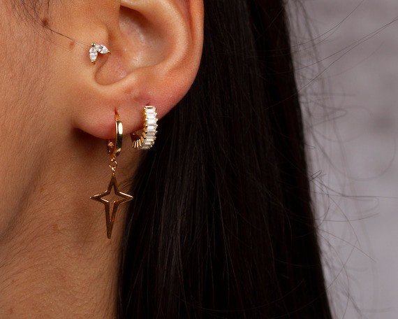 Star Hoop, Gold Star Earring, Silver Star Hoop Earring, Star