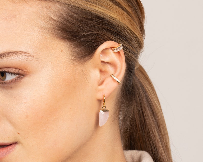 Dainty baguette cubic zirconia ear cuff earring, Baguette cz ear cuff gold, Rose gold ear cuff image 6