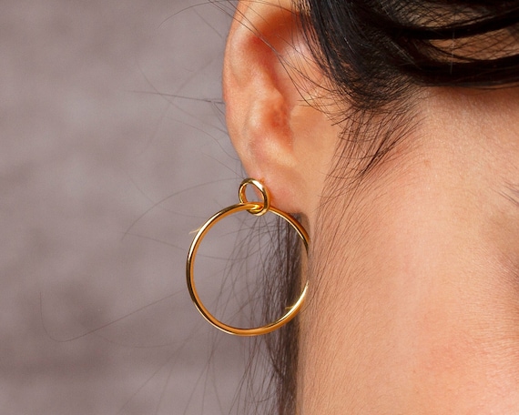 925 Sterling Silver Single Dainty Double Hoop With Chain Minimal Hoop Earring 925 Sterling Silver Single Dainty Double Hoop With Chain Minimal Hoop Earring