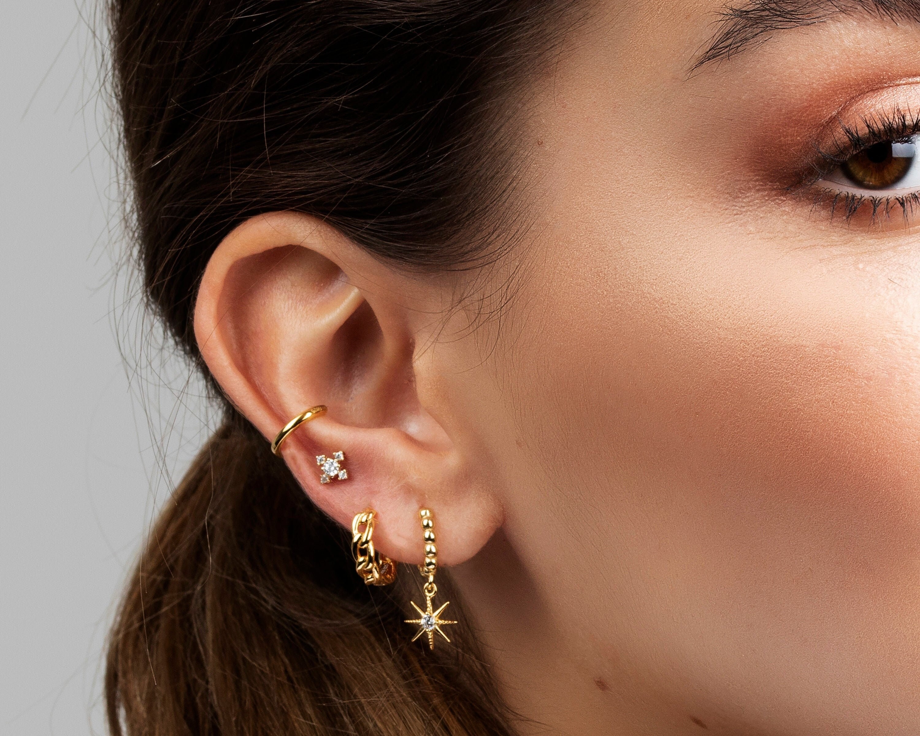 Dainty Eight-pointed Star Huggie Hoop Earrings, Beaded Hoop