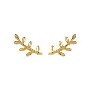 May include: A pair of gold leaf earrings. Each earring features a delicate branch with multiple leaves.