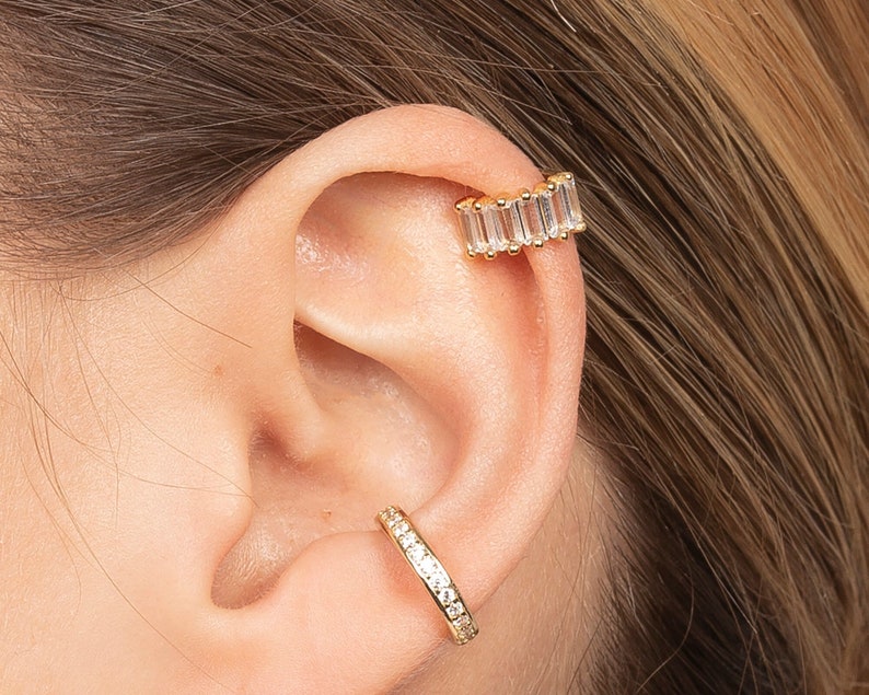 Dainty baguette cubic zirconia ear cuff earring, Baguette cz ear cuff gold, Rose gold ear cuff image 3