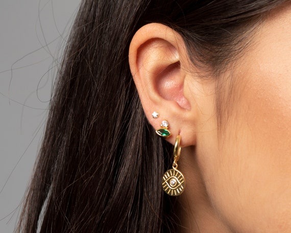 Sapphire hoops gold Tiny hoop earrings Huggie earrings Dainty earrings Minimalist earrings Eye charm gold hoops Cz evil eye earrings