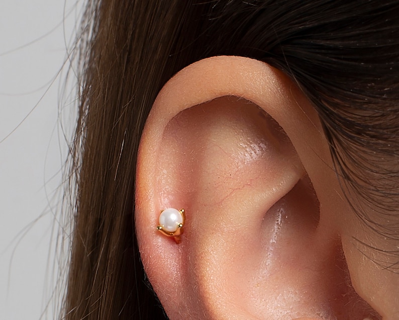 May include: A small, white pearl stud earring with a gold setting. The earring is worn in the left earlobe.