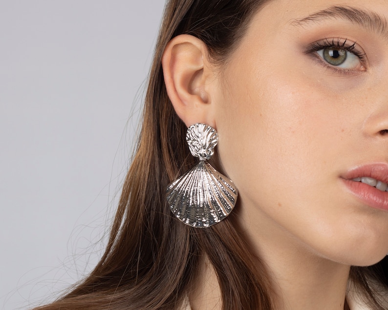Golden shell earrings, Statement earrings, Fashion earrings, Statement jewelry, Silver-plating earrings, Shell jewelry image 6