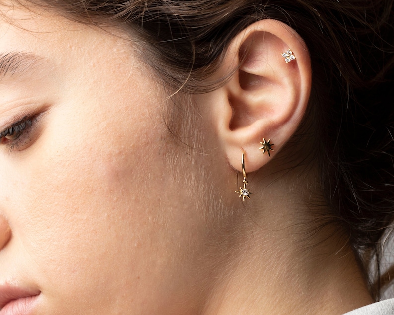 Huggie earrings, Dainty gold hoops, Star hoop earrings, North star hoops, Cz gold hoop earrings, Dainty earrings, Minimalist earrings 