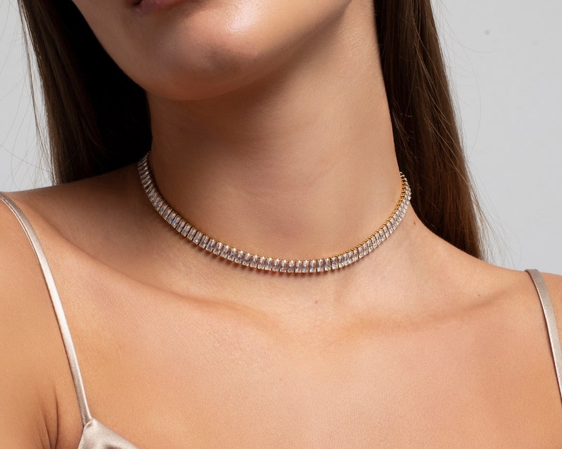 Baguette Cz Tennis Choker Necklace Gold Tennis necklace 18k Gold plated Stainless Steel image 1
