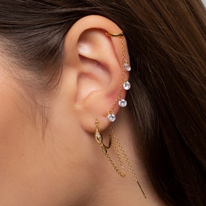 Threader earring with ear cuff and 4 dangling cz stones, Second earring with ear cuff, Chain earring with cz, Gold and dainty ear cuff image 3