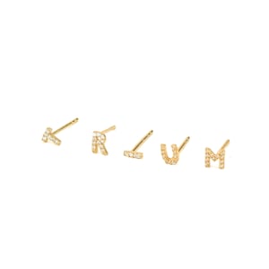 18k Gold Alphabet earring, Cz stud initial earring, Alphabet stud, 925 Sterling silver post earring,Initial stud, Initial earring, Gold stud image 2