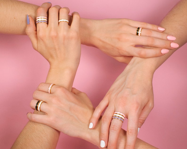 Enamel stacking ring, Pink enamel ring, Black enamel ring, White enamel ring, Purple enamel ring, 18k gold plated 925 sterling silver. image 10