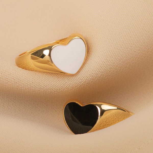 Gold Chunky Heart Signet Ring with White and Black Enamel - Statement Heart ring for women - 925 Sterling silver