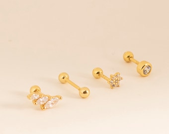 CZ Gold Cartilage Earring Set: Sterling Silver Studs, Multiple Piercings