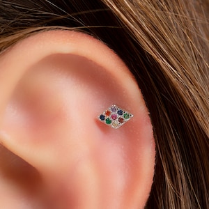 Diamond shape multicolor cz piercing, Rainbow rhombus piercing earring, Tiny multicolor piercing stud