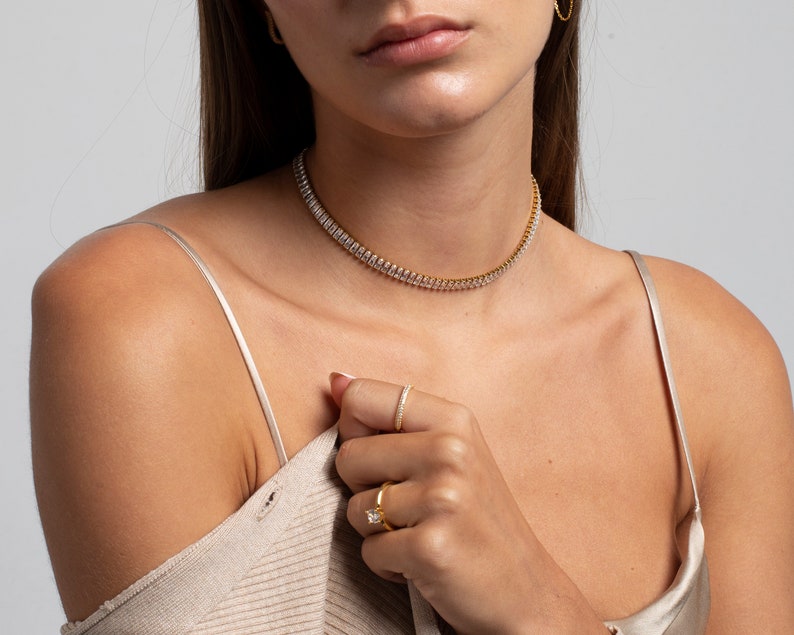 Baguette Cz Tennis Choker Necklace Gold Tennis necklace 18k Gold plated Stainless Steel image 5
