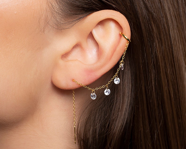 Threader earring with ear cuff and 4 dangling cz stones, Second earring with ear cuff, Chain earring with cz, Gold and dainty ear cuff image 1