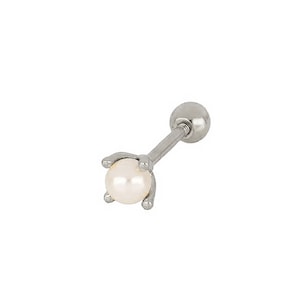 May include: A silver barbell earring with a white pearl on the end.