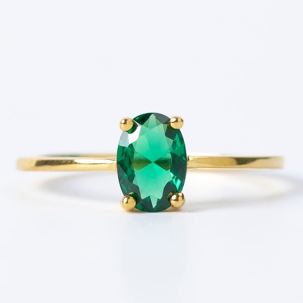 Emerald Dainty Oval Stacking Ring | Gold Minimalist Ring | Simple Emerald Cz Solitaire Ring | 925 Sterling Silver Ring Cz promise ring
