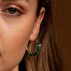 Raw Crystal Hoop Earrings, Crystal Hoop Earrings, Birthstone earrings, Malachite earrings, Rose Quartz earrings, Tourmaline earrings