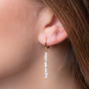 Huggie Earrings with Dangling Freshwater Pearls - 925 Sterling Silver
