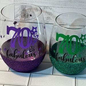 Beautiful Glitter Personalized 70th Birthday wine glass. 70th Birthday Glass. BFF, Mom/Dad Wine Glass. or for any special Loved one.