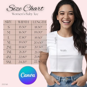 Women's Baby Tee JT1374B Size Chart Image, Shirt Sizing Chart Printify Women's Baby Tee Canva Template, Editable T-Shirt Measurement Chart