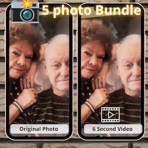 Può includere: Annuncio pubblicitario per un pacchetto di foto. L'immagine mostra due schermi di smartphone affiancati, ciascuno con una foto di una coppia. Il testo include "BRING YOUR PHOTOS TO LIFE", "5 photo Bundle", "Original Photo", "6 Second Video" e "ANIMATE YOUR MEMORIES".