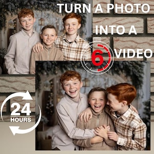 May include: Image featuring three young people with red hair, smiling and embracing. The image includes text that says "TURN A PHOTO INTO A VIDEO" and "24 HOURS". A timer graphic shows "6". The background has a brick wall and a winter scene.