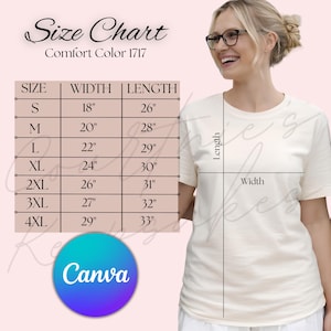 Puede incluir: Tabla de tallas para camisetas Comfort Color 1717, con medidas en pulgadas. La tabla incluye tallas de la S a la 4XL, detallando ancho y largo. Una mujer que lleva una camiseta color crema también está en la imagen.