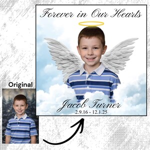 May include: A memorial graphic featuring a young boy with angel wings and a halo against a cloudy sky. Text reads "Forever in Our Hearts" and "Jacob Turner 2.9.16 - 12.1.25". The boy wears a blue and white striped shirt.