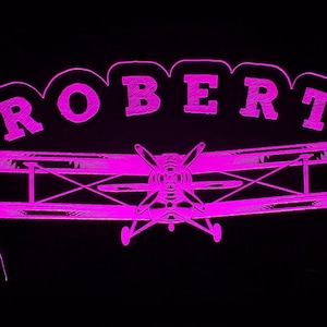 Custom name on biplane LED light lamp/sign with customizable tail number and business name - Neon-like - Free shipping - Made in USA.