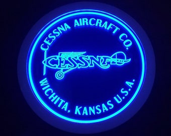 Vintage Cessna wall mounted round logo LED light lamp/sign - Neon-like - Free shipping - Made in USA.