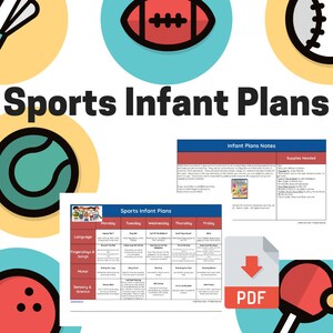 Pode incluir: Um download PDF imprimível para planos de aula com tema esportivo para bebês. O documento inclui uma programação semanal com atividades para linguagem, brincadeiras com os dedos, músicas, habilidades motoras, sentidos e ciências. O documento também inclui notas e uma lista dos materiais necessários.