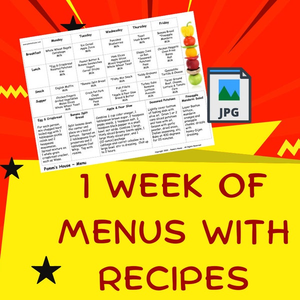 Printable Menu with Recipes  10.4- For Family or Daycare - Breakfast, Lunch, Snack, Supper