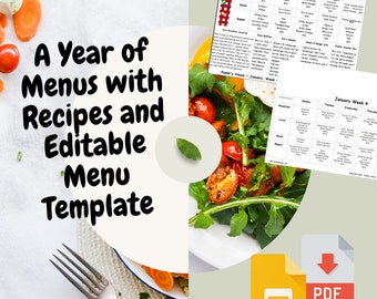 Printable Menu with Recipes & Editable Menu Template - For Family or Daycare - Breakfast, Lunch, Snack, Supper - For A Whole Year