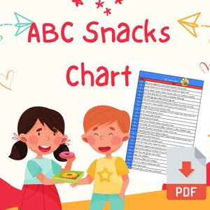 ABC スナック チャート - アルファベットの各文字のスナックのリスト - 2 歳児、幼児、未就学児に適しています