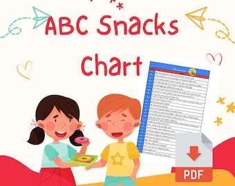 May include: Illustration of two children sharing snacks. A girl with brown hair is holding a plate of donuts and a boy with red hair is holding a plate of cookies. The text "ABC Snacks Chart" is at the top of the image. A downloadable PDF document is in the bottom right corner of the image.