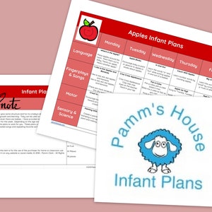 May include: A printable weekly lesson plan for infants, featuring a red apple and the text "Apples Infant Plans". The plan includes activities for language, fingerplays, songs, motor skills, sensory and science. The plan is organized by day of the week, with activities such as "Where is the Apple?", "Apple Books", "In and Out", "Count with Apples", and "Big or Small".