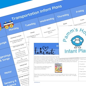 May include: A blue and white printable chart with the title "Transportation Infant Plans". The chart is divided into a grid with days of the week listed across the top and different learning activities listed down the side. The chart includes a list of suggested materials for each activity.