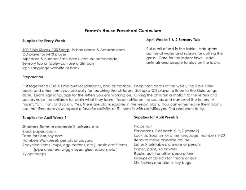 Preschool Lesson Plans for April Bible Based Learn Through Play Two