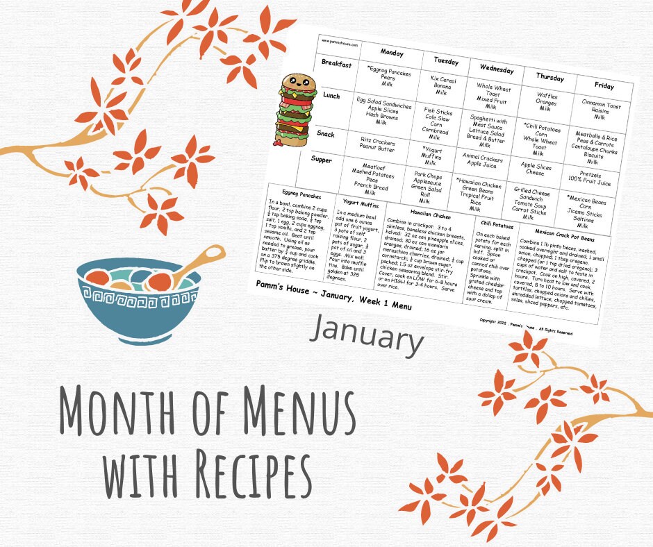 Monthly Printable Menu with Recipes - For Family or Daycare - Breakfast, Lunch, Snack, Supper - January