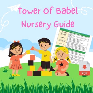Puede incluir: Una guía de guardería para enseñar a los niños sobre la historia bíblica de la Torre de Babel. La guía incluye un versículo para memorizar, un juego de dedos, actividades para despertar el interés, actividades de juego y aprendizaje, y actividades recomendadas. La guía está ilustrada con tres niños construyendo una torre con bloques de colores.
