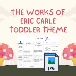 以下が含まれることがあります： 「エリック・カール作品 幼児テーマ」というタイトルの、カラフルなトンボのイラストが描かれた印刷可能なチャート。チャートは、「創造的な活動」、「特別な玩具とゲーム」、「聖書」、「言語」、「月曜日から金曜日」の5つの列に分かれています。各列には、エリック・カールの作品に基づいた幼児向けのレッスン計画の活動がリストされています。