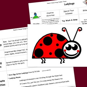 May include: A printable worksheet for young children featuring a red ladybug with black spots. The worksheet includes activities like creative activities, special toys and games, and a Bible story. The worksheet is titled "Ladybugs" and is part of a larger theme called "Pamm's House Young Toddler Theme".